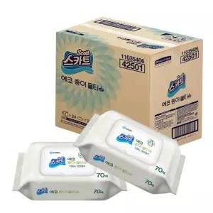 (힘찬)유한킴벌리 스카트 에코 종이물티슈 캡형 70매 x 24팩 형티슈 보습 깨끗한 멀티 가정용 고급 리필