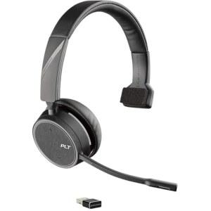 Plantronics - 충전 스탠드(폴리)가 있는 Voyager 4210 UC USB-A - 블루투스 싱글 이어(모노럴) 헤드셋 - PC, Mac 및 데스크 폰에 연결 - 노이즈 캔슬링 - 팀, 줌 등과 함께 작동