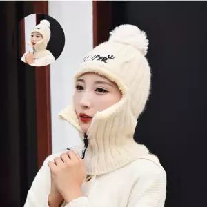 넥워머 일체형 여성용 니트방울모자 지퍼오픈 방울