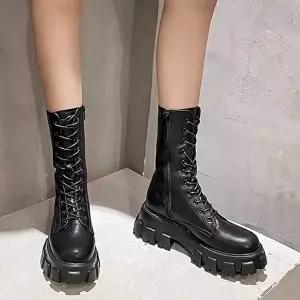 여성키높이워커 둥근코 통굽 키높이 여성 블랙 레이스업 워커 옆지퍼