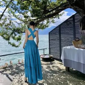 여자 여름 치마 프렌치 스트랩 홀터넥 A라인 스커트 하로백 바캉스 롱 원픽2