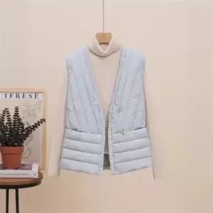 EAMT 여성용 빈티지 캐주얼 패딩 조끼 브이넥 집업 민소매 YJ1