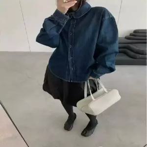 율랑팡 청 여성용 무지데님 싱글 순판 칼라 셔츠 긴팔 블레이저 기모 HO1