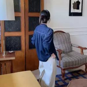 율랑팡 여친 청 봄 빈티지 캐주얼 무지데님 셔츠 아우터 상의 긴팔 HO1