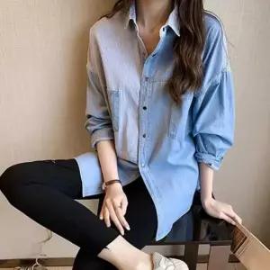 친절한탄씨 여성용 오버핏 연청 데님 긴팔 셔츠 가을용 루즈핏 청남방 청셔츠 여성가을남방