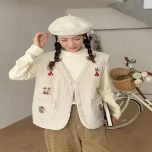 피로달 여성용 면 싱글 조끼 자수 보온 민소매 다운 베스트 브이넥 계 HO1