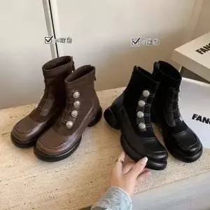 엘럽 여친 와펜 슬림 부츠 스판 소가죽통굽 워커힐 워커 버클 박템5