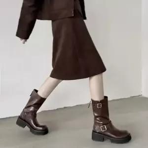 엘럽 여성용 검정 웨스턴 워커힐 데님부츠 워커 미들 통굽가죽 버클 박템5