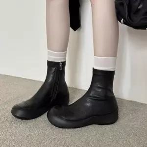 엘럽 여성용 슬림 스포티한 라운드 워커 캐쥬얼 워커힐 통굽 앵클부츠 스판 박템5