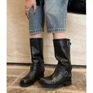 엘럽 여사친 빈티지 워커힐 소가죽 버전 미들부츠 통굽 슬림 스트랩 워커부츠 박템5