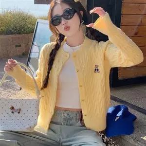 곰돌이 자수 여성 꽈배기 라운드넥 간절기 긴팔 가디건