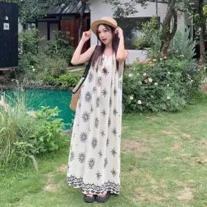 바닷가 드레스 에스닉 패턴 민소매 롱 원피스