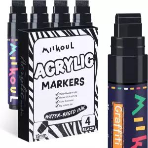 미쿨 4개 점보 블랙 영구 마커 대형 15mm 펠트 팁 와이드 두꺼운 아크릴 페인트 펜 암벽화 유리 세라믹
