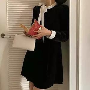 여성 벨벳 리본 스트랩 배색 하객룩 원피스