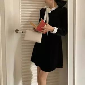 여성 벨벳 미니원피스 리본 블라우스룩