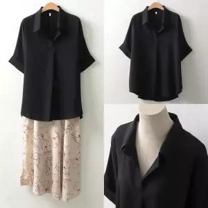 [시즌오프]오픈 V넥 빅사이즈 모임룩 반소매 롤업 블라우스_5