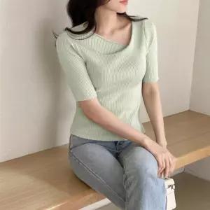 [시즌오프]여름 보들 언발 입술넥 골지 니트탑 티셔츠_5