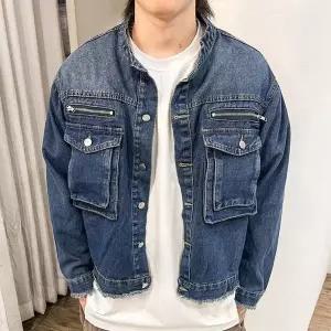 [하프클럽/옷자락]남자 밑단컷팅 캐주얼 크롭 노카라 투포켓 봄 청자켓