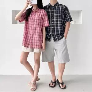 [골드스마일]볼카 남녀공용 린넨 체크 반팔셔츠 여름남방 SD-250637