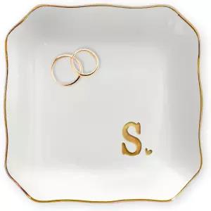 OASSIE 결혼 선물 - 4 x4 이니셜 세라믹 주얼리 접시 트레이 레터 S 링 약혼 신부를 위한 결혼식 샤워