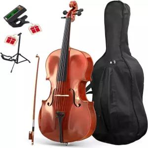 PYY 첼로 4/4 풀 사이즈 스탠드 케이스 활 튜너 및 여분의 스트링이 된 솔리드 우드 어쿠스틱 패키지 학생