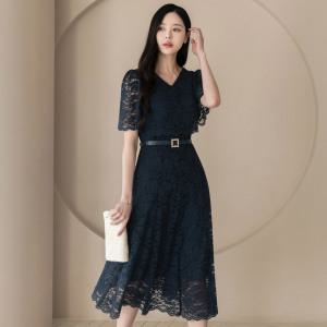 [시크라인] (~XXL까지) 르미아 레이스 레이어드 플레어 벨트 원피스 여름 하객룩 오피스룩 데이트 모임 미시 빅사이즈