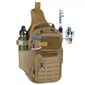 HUNTVP 낚시 슬링 백 경량 태클 백 소형 낚시 백팩 전술 어깨 슬링 백 남성용 로드 홀더 포함, 브라운., 전