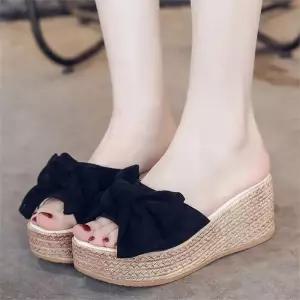 [오노마] ONM 여성 스웨이드 리본 웨지힐 통굽 슬리퍼 키높이 샌들