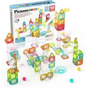 피카소 타일 60개 자석 빌딩 블록 여행 크기 마그네틱 마블 런 건설 장난감 세트 미니 다이아몬드 레이스트랙 플레이셋 교육용 STEM 학습 키트 소년 소녀 3+ PTMG60