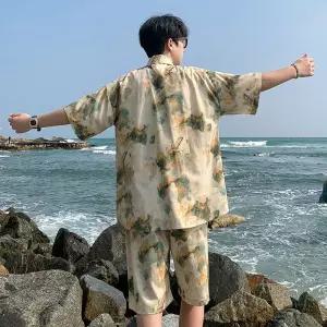 남성 여름 캐주얼 투피스 셔츠 복 반팔세트 트레이닝 쿨링 반팔 세트 비치 바캉스룩 프린트 MF2