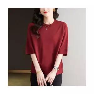 여자 브이넥 티 셔츠 반팔 쿨링 니트 봄가을 7부 소매 얇은 상의 BE1