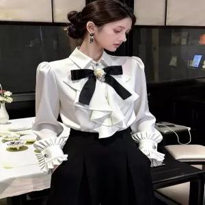 여성 새틴 타이 셔츠 가을 블라우스 봄 데일리룩 셔츠블라우스 오버핏 브이넥 리본