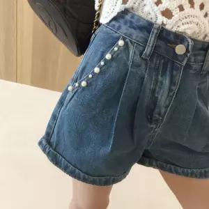 펄데이 포켓 진주알 디테일 하이웨스트 핀턱 A라인 데님 청 반바지