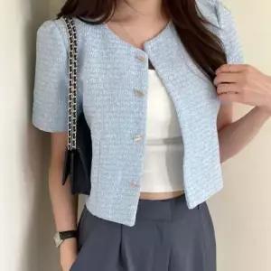 2컬러 고급스러운 클래식룩 반팔 크롭 트위드자켓