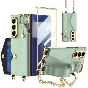 삼성 갤럭시 Z 폴드 7용 가죽 메탈 체인 손목밴드 도금 케이스 홀더 스크린 글라스 커버