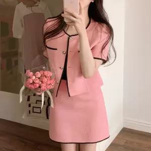 (국내제작)(made/세트템/하객룩) 오브에 배색 트위드 반팔 자켓 미니 스커트 셋업 st2578