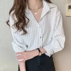 여성 9부 셔츠 스트라이프 여자 블라우스 긴팔 직장인 오피스 데일리 남방 카라 루즈핏 베이직 정장 패션