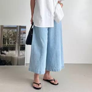 [시즌오프]9부데님 와이드핏 뒷밴딩 연청 여름 통 청바지_5