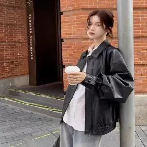 쌍문상회 지금 필요한 여자 2컬러 오버 카라 집업 페이크 레더자켓 가죽점퍼