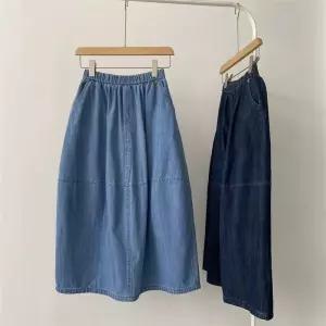 여자 청치마 데님 여름 허리밴딩 꽃봉오리핏 솔리드 스커트 롱 BE2