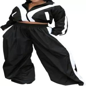 여성용 Angsuttc 트랙 수트 세트 컬러 블록 투피스 긴팔 크롭 재킷과 와이드 레그 팬츠 의상