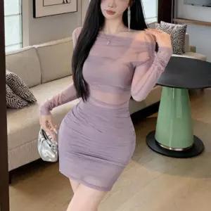 [라일리여성의류] Rly 오프숄더 시스루 메쉬 셔링 블라우스 미니 스커트