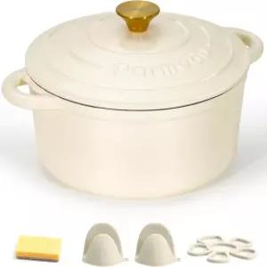 파르메두 에나멜 주철 더치 오븐- 뚜껑 이중 손잡이 브레이징 스튜 로스팅 빵 굽기 크림 화이트용 헤비