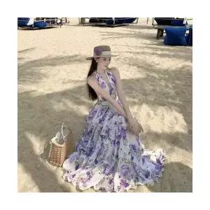 여자 예쁜 쉬폰 원피스 하이난 프렌치 해변 바캉스룩 비치 스커트 홀터넥 케이크 롱 브이넥 SPO마켓1