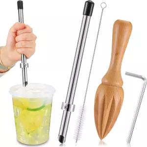 허니닥 2개 나무 수동 시트러스 리머와 빨대 펀처가 포함된 레모네이드 플라스틱 뚜껑 컵 304 스테인리스