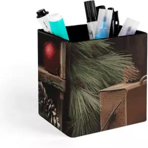 YHNH 크리스마스 트리 가지 곰 인형 펜 홀더 사각 연필 사무용품용 가죽 방수 컵 가정용품 데스크탑 보관