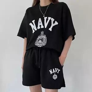 영문 레터링 반팔셋업 블랙 데님셋업 투피스 (HSJ-WF317F9)