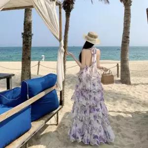 에네로 치마 원피스 롱 여성쉬폰원피스 프렌치 바캉스룩 해변 캉캉 쉬폰 브이넥 비치 홀터넥 UNO1