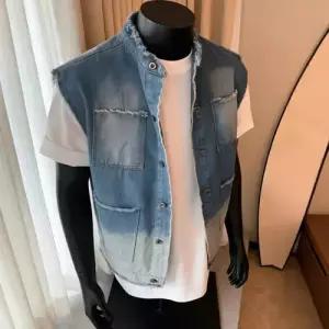 청 여름 빈티지 남자캐주얼조끼 민소매 그라데이션 워싱 조끼 야상 쭈글쭈글 ible2