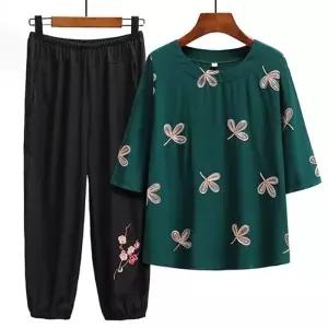 은창숨쉬는 나뭇잎 자수 상하의 바지 세트 티셔츠 투피스 홈웨어 셋업 바지 봄 여름 반바지 반팔 엄마